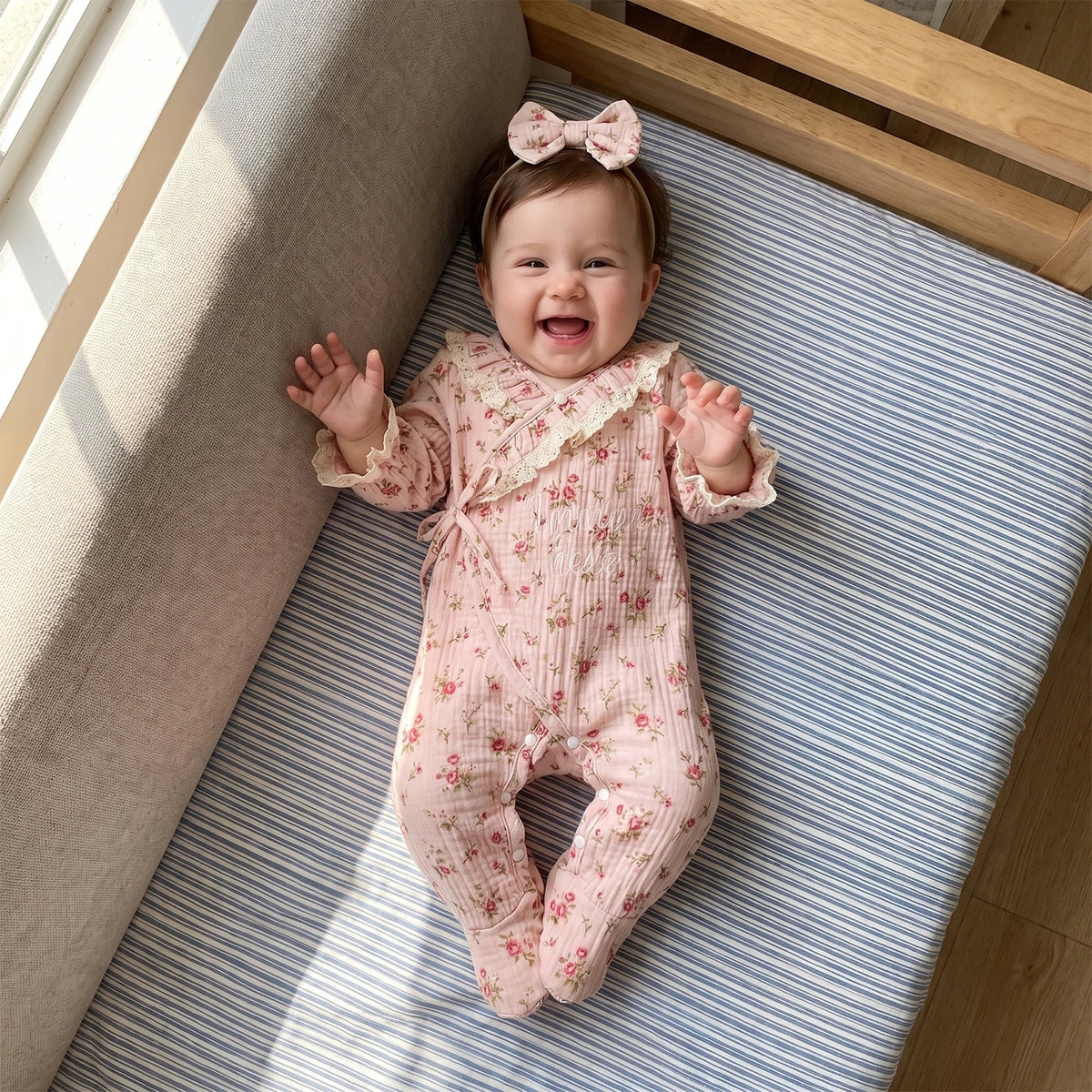 Baby Clothing Girl Fall Autumn Outfits Flower Print Long Sleeve Footed Jumpsuit, Headband Clothes