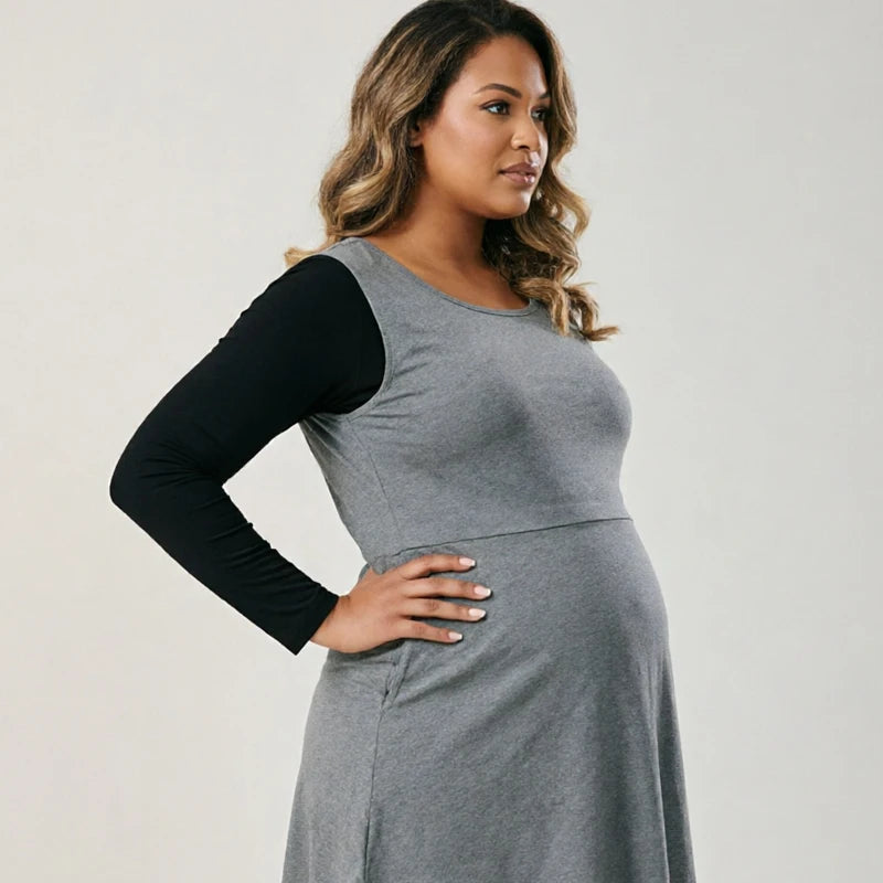 Maternity Nursing Tunic Top Long Sleeve Hidden Lift Nursing Opening A-Line Loose Fit Shirt With Pockets Breastfeeding Clothes