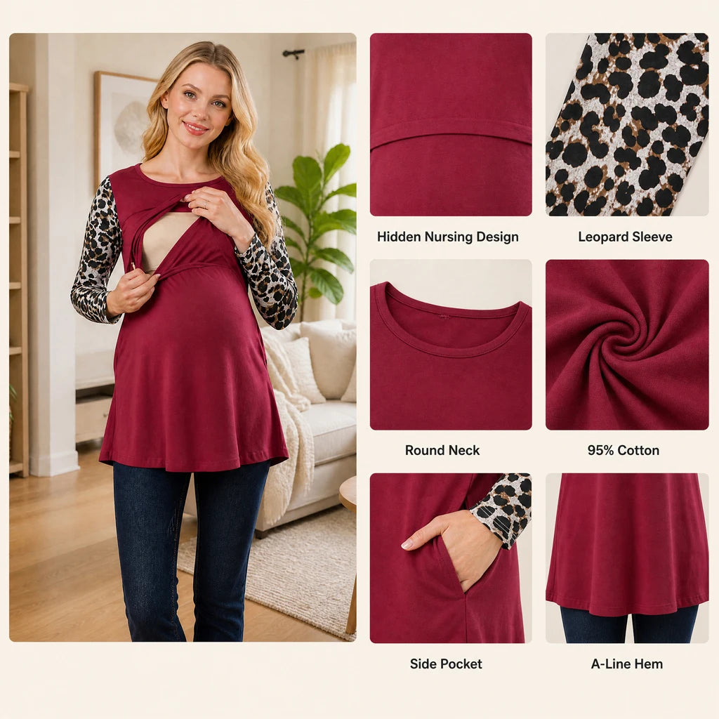 Maternity Nursing Tunic Top Long Sleeve Hidden Lift Nursing Opening A-Line Loose Fit Shirt With Pockets Breastfeeding Clothes