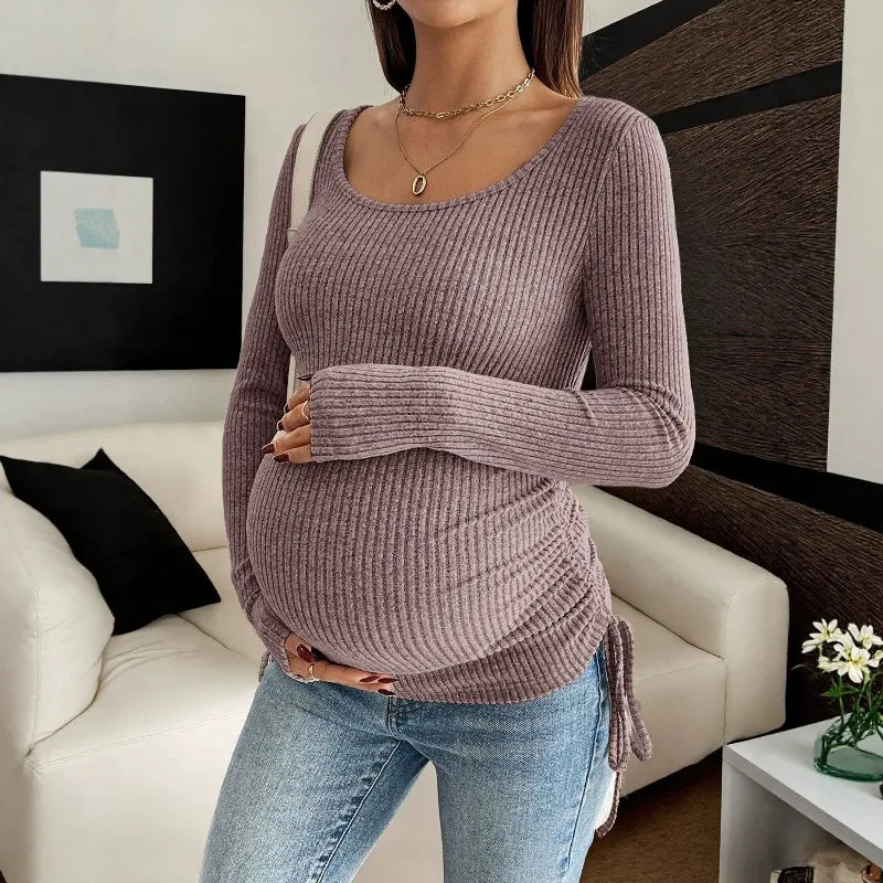 U-neck Ribbed Maternity Long-sleeve T-shirt Adjustable Side Drawstring Slim Fit Top Pregnant Woman Clothes