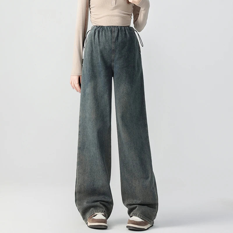 Autumn and Winter Pregnant Women's Belly Pants Fashion Loose Straight Leg Korean Style High Waist Maternity Jeans Denim Trousers
