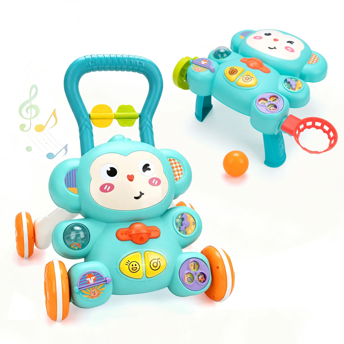 Cartoon Baby Push Walker Toy with Drawing Board Music Multifunction Activity Infant Learning Walk for 6-15 Months Toddler Walker