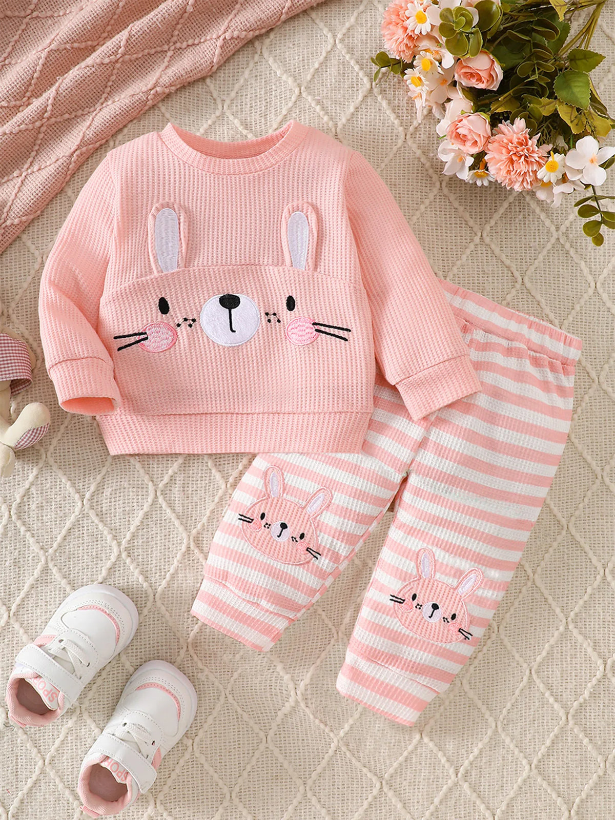 Cute Rabbit Embroidery for Infants and Toddlers, Waffle Sweatshirt, Striped Jogger Pants, Two-Piece Set, Knee Pads, Elastic Waist, Soft and Warm