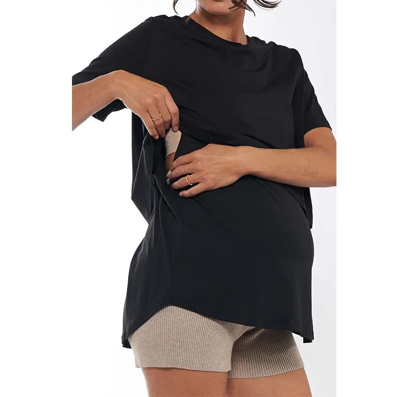 Summer Plus Size Maternity Breastfeeding Tops Short Sleeve Lactation T-Shirt Zip Nursing Tees for Pregnant Women