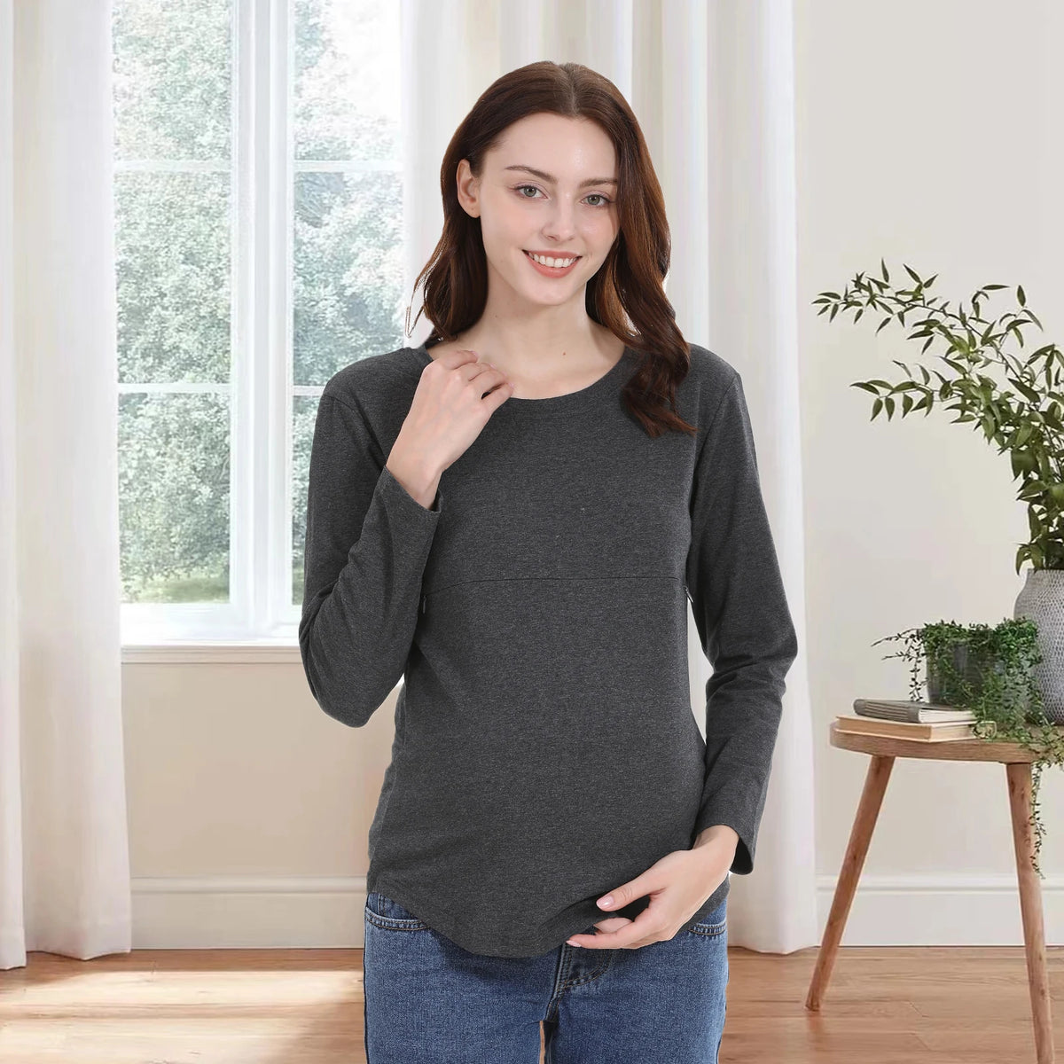 Long Sleeve Maternity Nursing Shirt Round Neck Horizontal Zipper Breastfeeding Top Soft Stretch Cotton Pregnancy Clothes