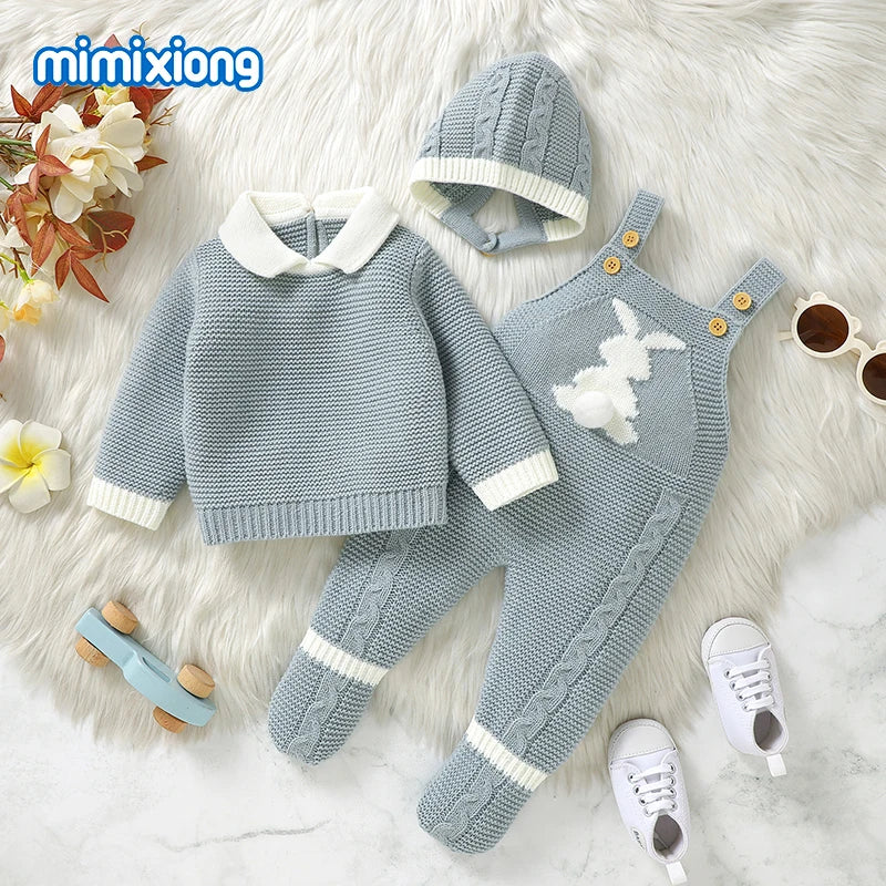 Newborn Baby Clothes Cute Rabbit Knit Infant Boys Girls Sweaters Pullovers+Rompers+Hats Outfits Sets 3pcs Toddler Child Costumes