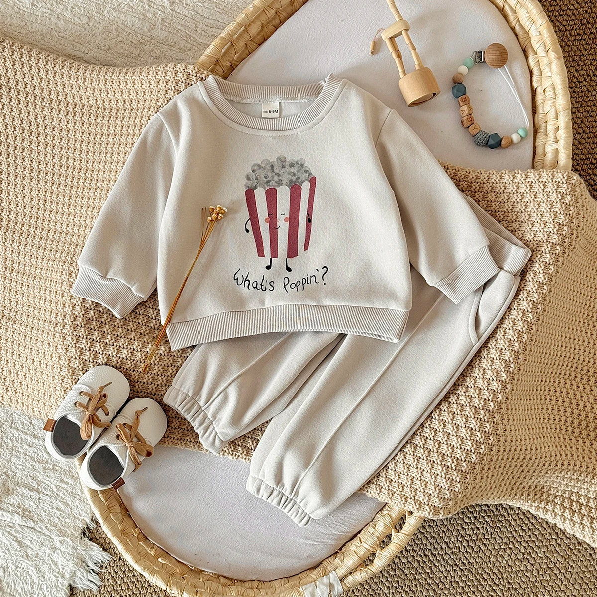 Toddler Boy Outfits Popcorn Print Long Sleeve Sweatshirt Elastic Waistband Pants Set Cotton Spring Fall Clothes Newborn Baby Set