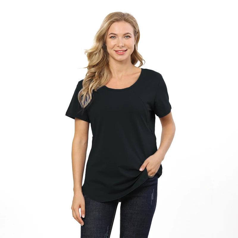 New Women Maternel T Shirt Short Sleeve Stretch Cotton Tops Zipper Breastfeeding Loose Pregnant Clothes Big Size