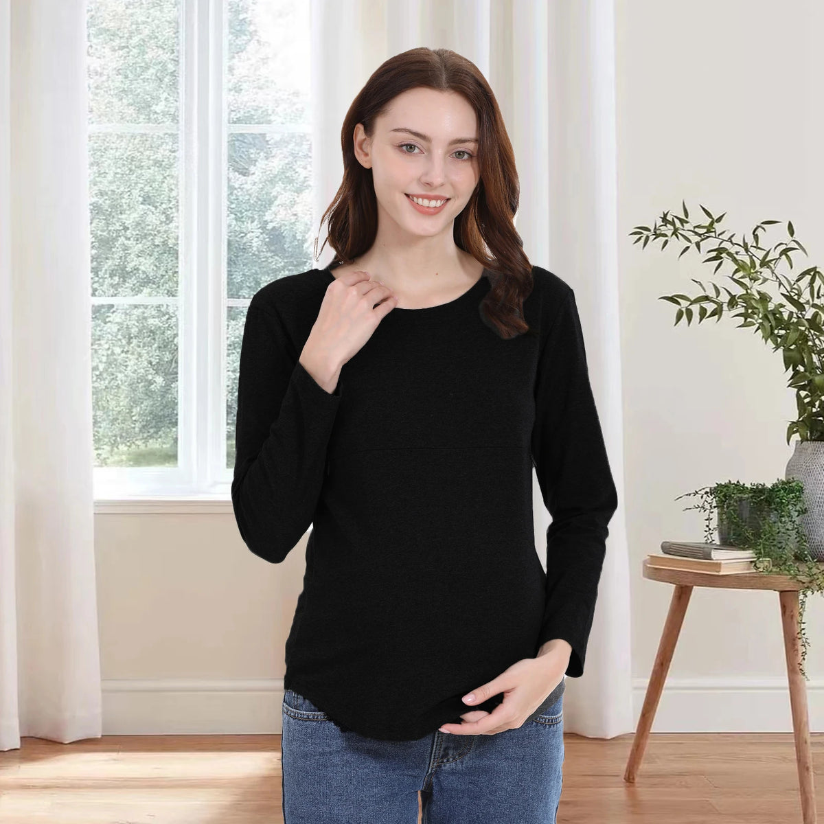 Long Sleeve Maternity Nursing Shirt Round Neck Horizontal Zipper Breastfeeding Top Soft Stretch Cotton Pregnancy Clothes
