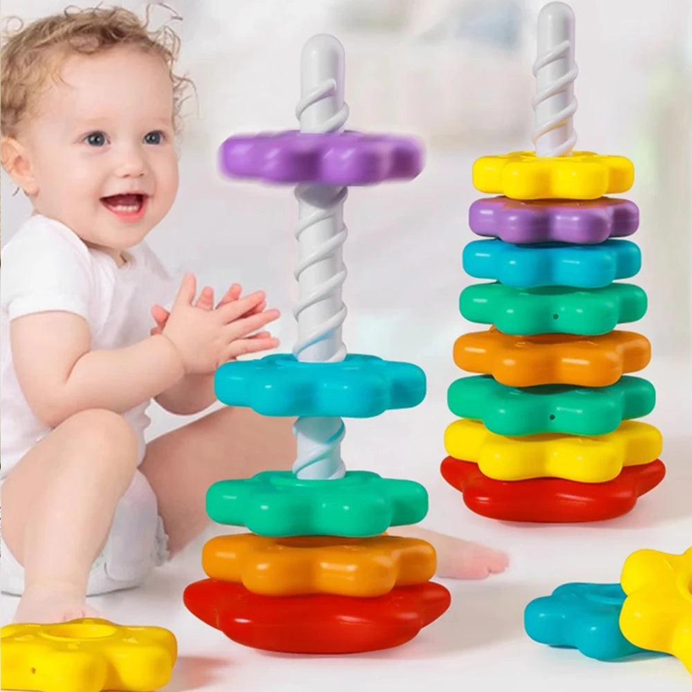 Baby Rotating Rainbow Tower Montessori Stacking Puzzle Toys Safety Early Educational Children's Toys Christmas Birthday Gifts