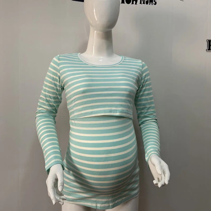 Striped Maternity T-shirts Long Sleeve Nursing Breastfeeding Clothes For Pregnant Women Cotton Postpartum Tees
