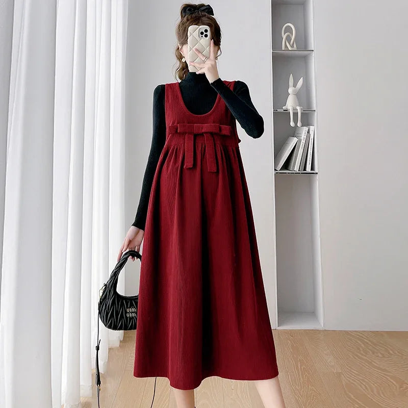 Autumn and Winter Maternity Sundress with Bowknot Sweet Pregnant Woman Corduroy Tank Dress Plus Size Sleeveless Pregnancy Dress