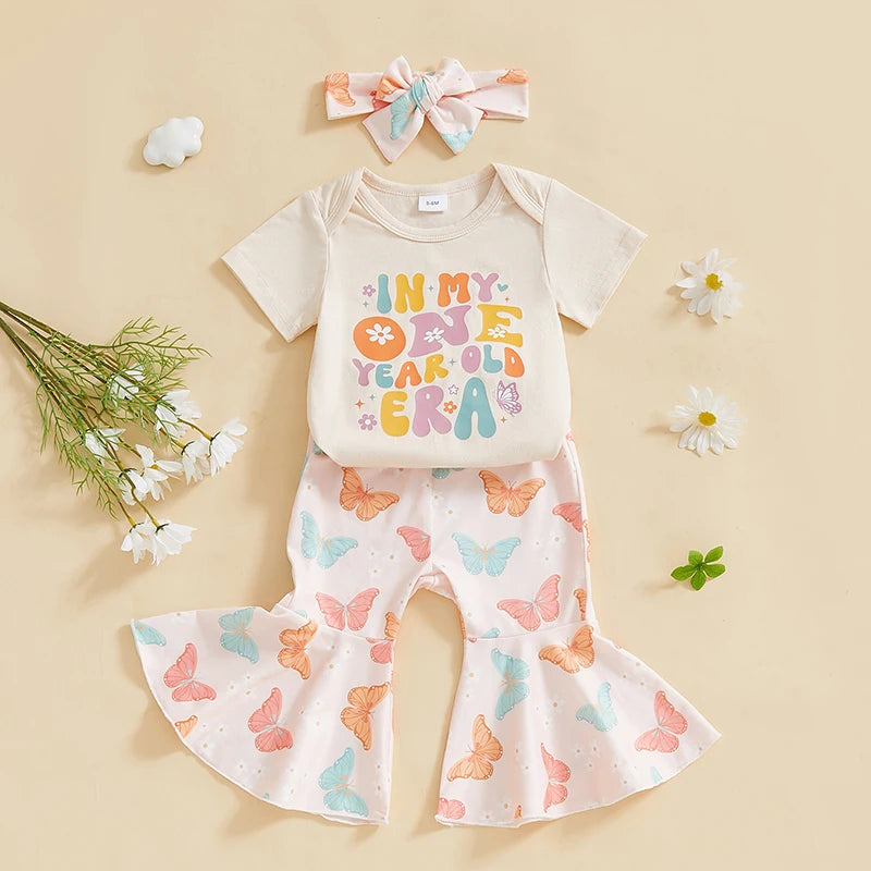 Toddler Baby Girl Birthday Outfits In My One Year Old Era Shirt Romper Bell Bottoms Birthday Girl Clothing Set