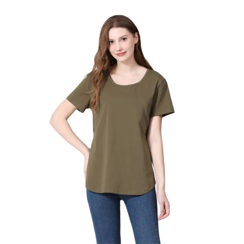New Women Maternel T Shirt Short Sleeve Stretch Cotton Tops Zipper Breastfeeding Loose Pregnant Clothes Big Size