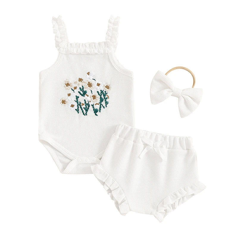 Newborn Baby Girl Summer 3Pieces Sets Embroidered Floral Sleeveless Tank Romper+Ruffle Cuffs Shorts+Headband Waffle Knit Outfits