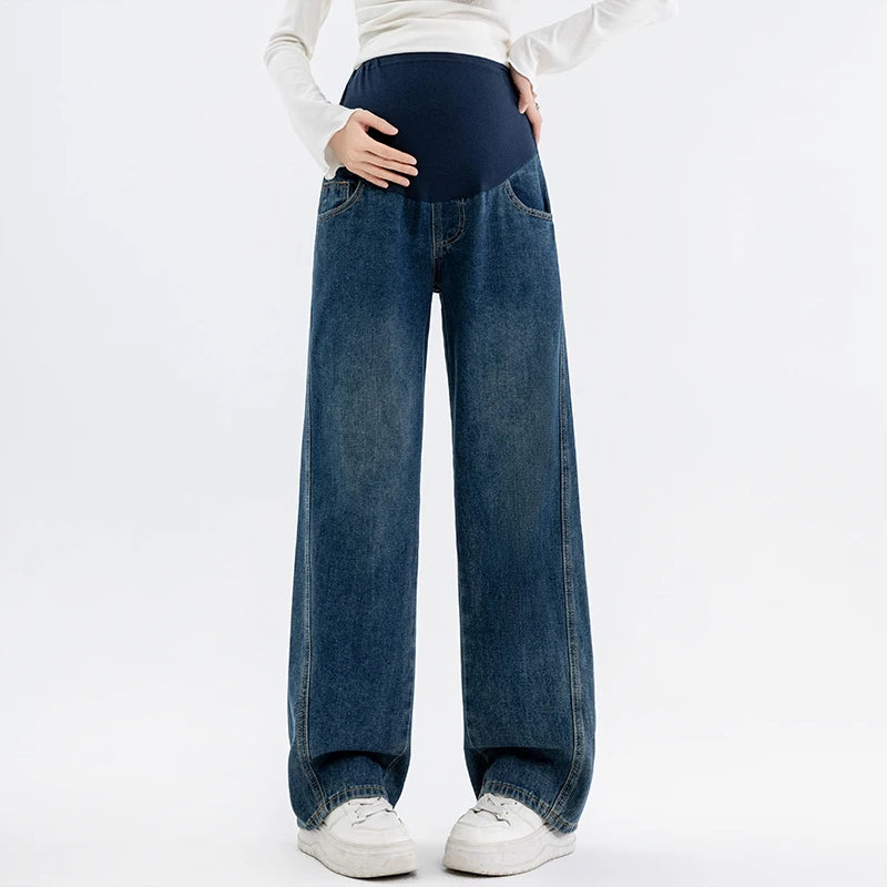 Autumn and Winter Pregnant Women's Belly Pants Fashion Loose Straight Leg Korean Style High Waist Maternity Jeans Denim Trousers