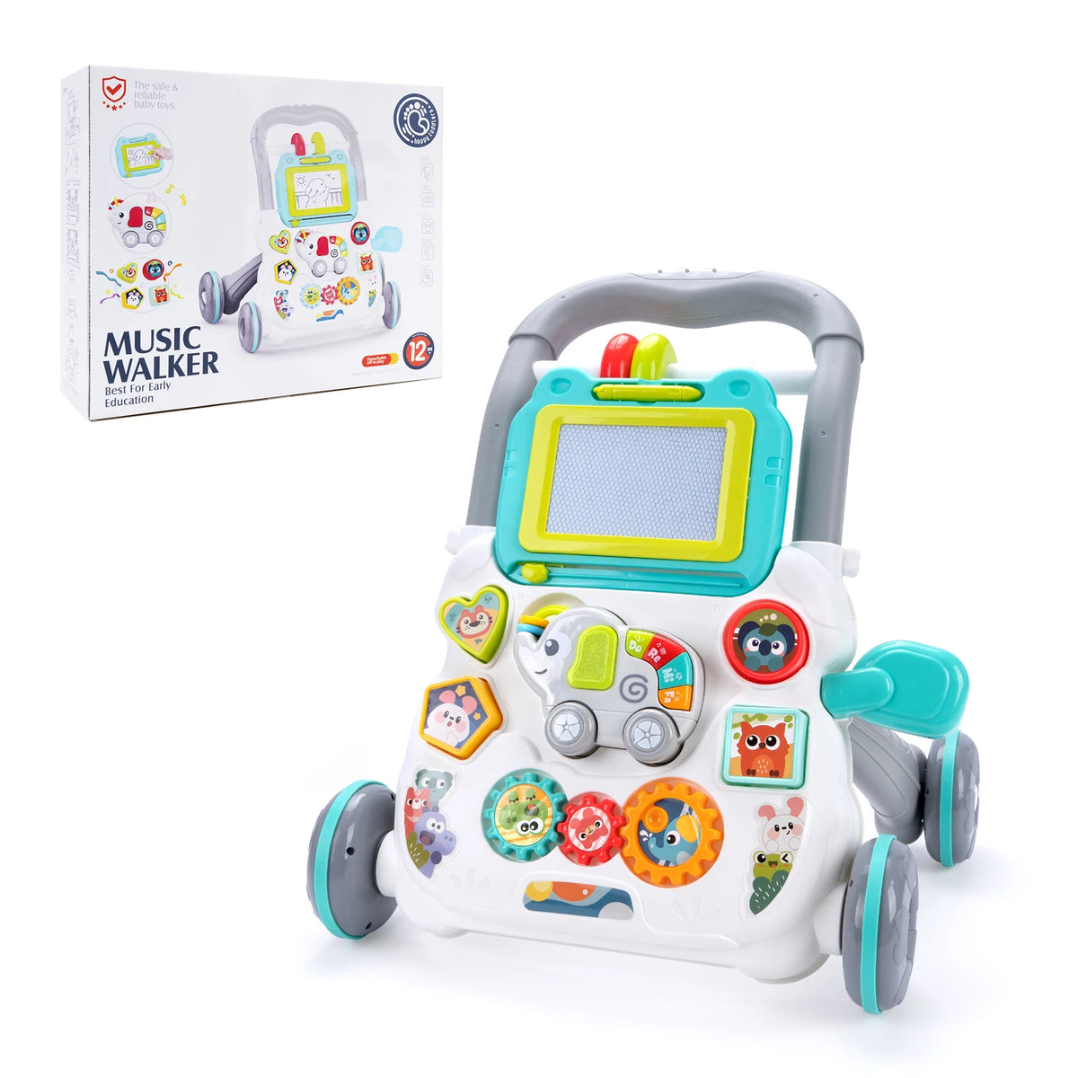 Cartoon Baby Push Walker Toy with Drawing Board Music Multifunction Activity Infant Learning Walk for 6-15 Months Toddler Walker