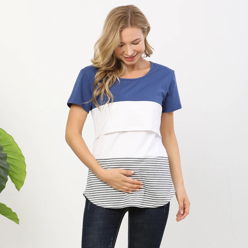 Maternity Nursing T-Shirt Short Sleeve Color Block Striped Top Soft Cotton Breastfeeding Tee Upper Lift Blouse for Pregnancy