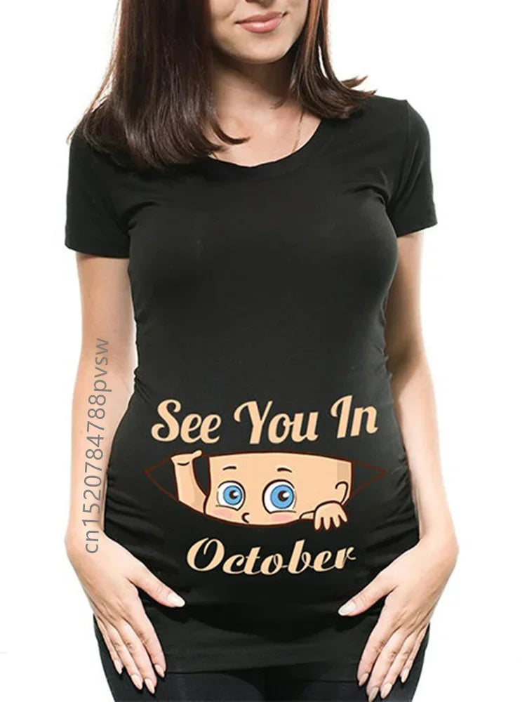 Pregnant Pregnancy Announcement Women's T-Shirt Female Pregnancy Clothes New Mom Clothes See You in January-December Funny Tops