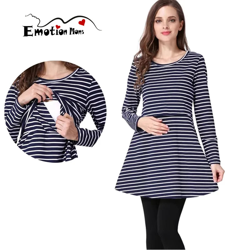 Maternity Nursing Tunic Top Long Sleeve Hidden Lift Nursing Opening A-Line Loose Fit Shirt With Pockets Breastfeeding Clothes