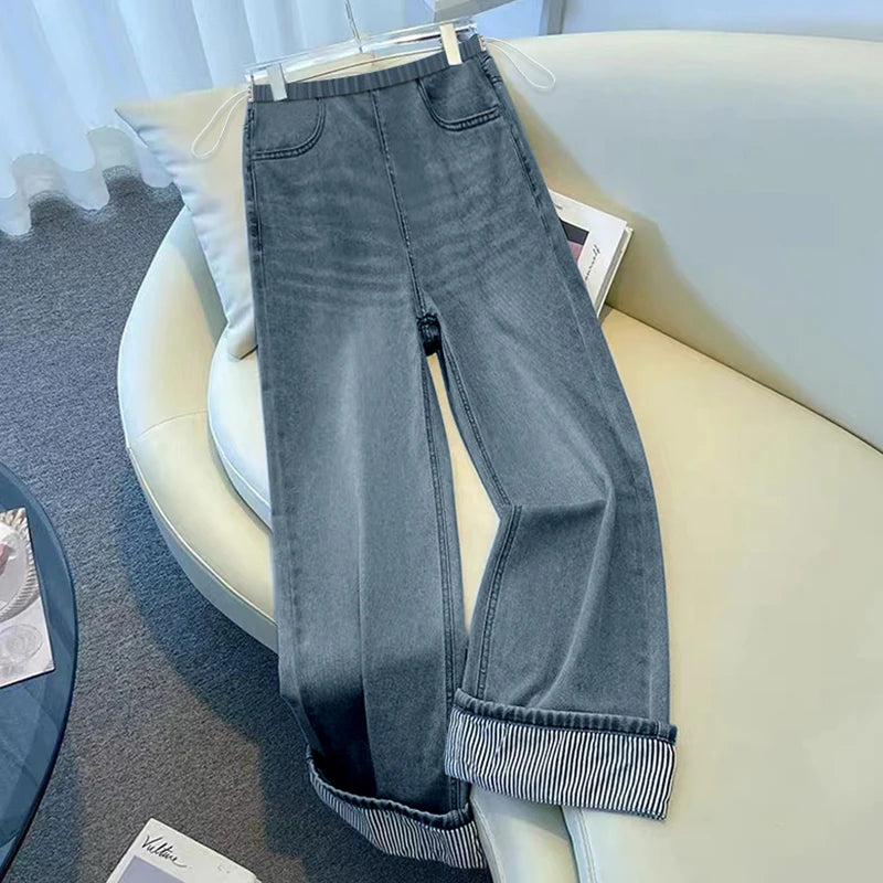 Autumn and Winter Pregnant Women's Belly Pants Fashion Loose Straight Leg Korean Style High Waist Maternity Jeans Denim Trousers