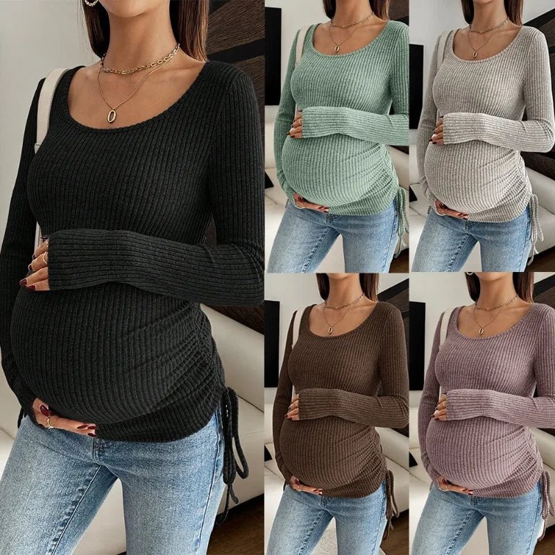 U-neck Ribbed Maternity Long-sleeve T-shirt Adjustable Side Drawstring Slim Fit Top Pregnant Woman Clothes